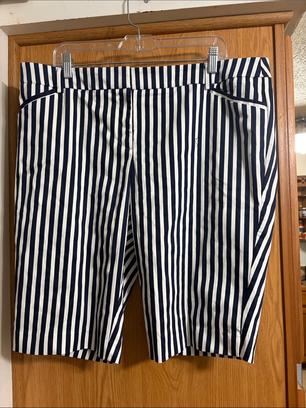Avenue Navy & White Vertical Stripe Bermuda Shorts